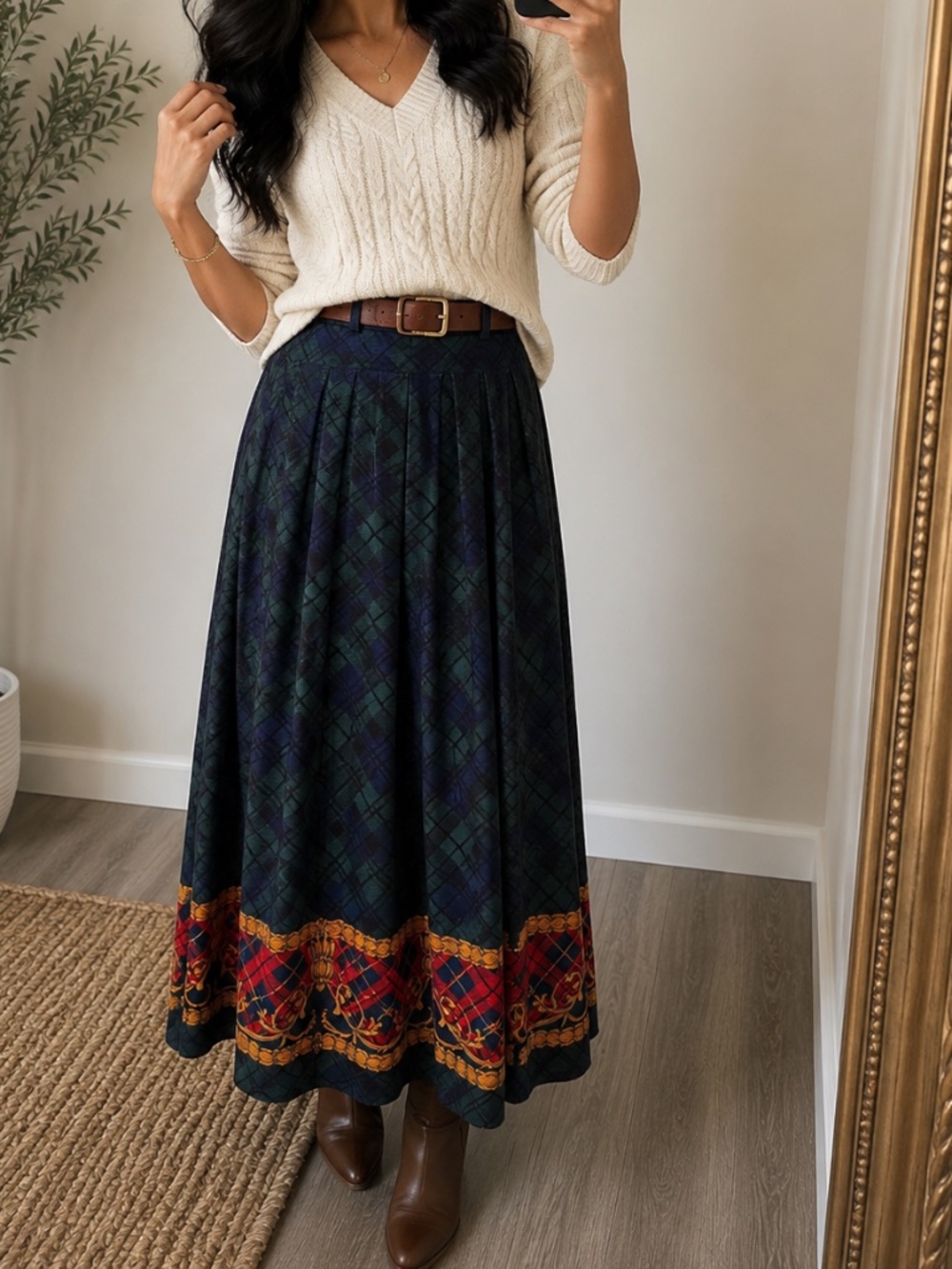Perspective Plaid Maxi Skirt Chain Border Boho Vintage Style Size 6